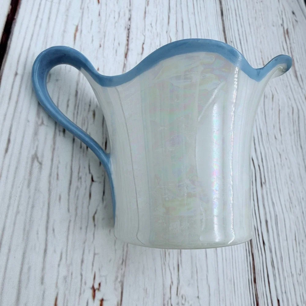 RS Silesia Iridescent Luster Porcelain Creamer Pitcher Blue Trim Vintage 3‎ inch